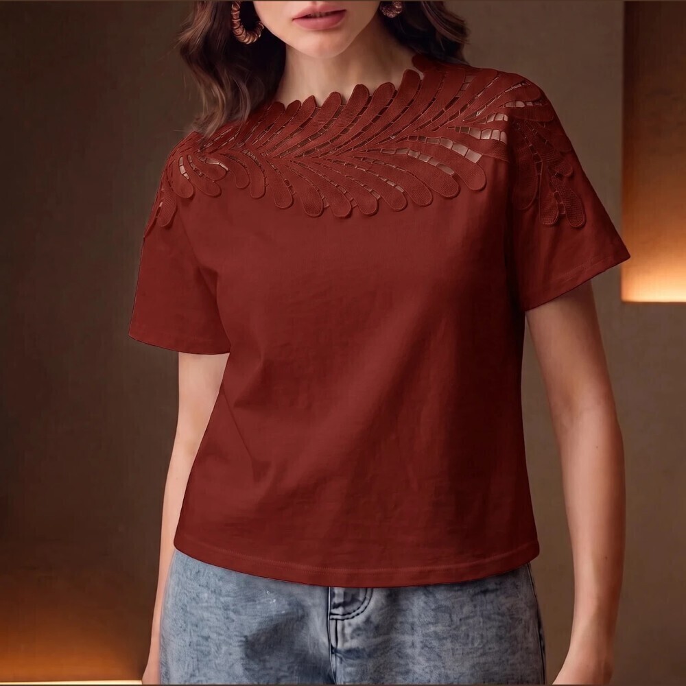Rust Brown Guipure Lace Yoke Round Neck Short Sleeve Cotton Tee
